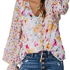 Biucly Women's Casual Boho Floral Print V Neck Stylish Drawstring  Long Sleeve